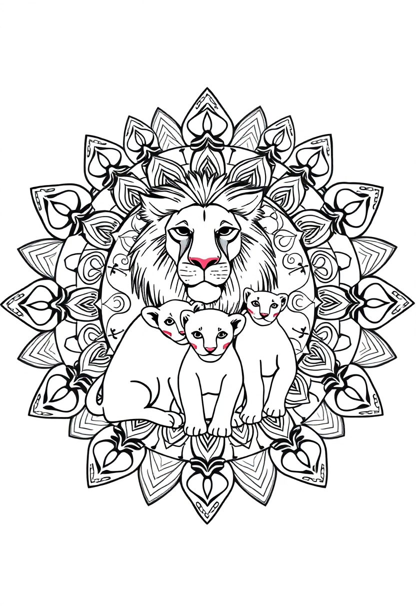 Lion Family with Cubs coloring page, free printable