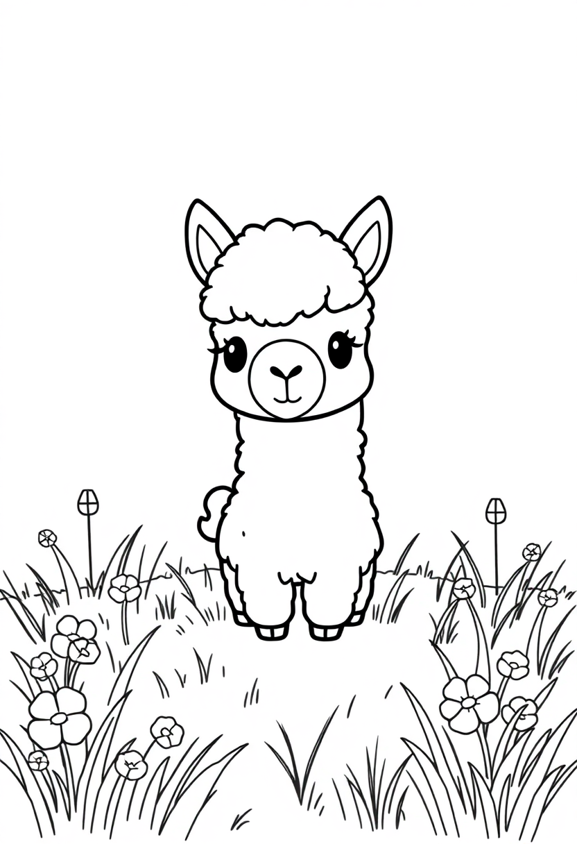 Cute chibi llama coloring page standing in meadow with flowers and grass, black outline drawing for kids to color