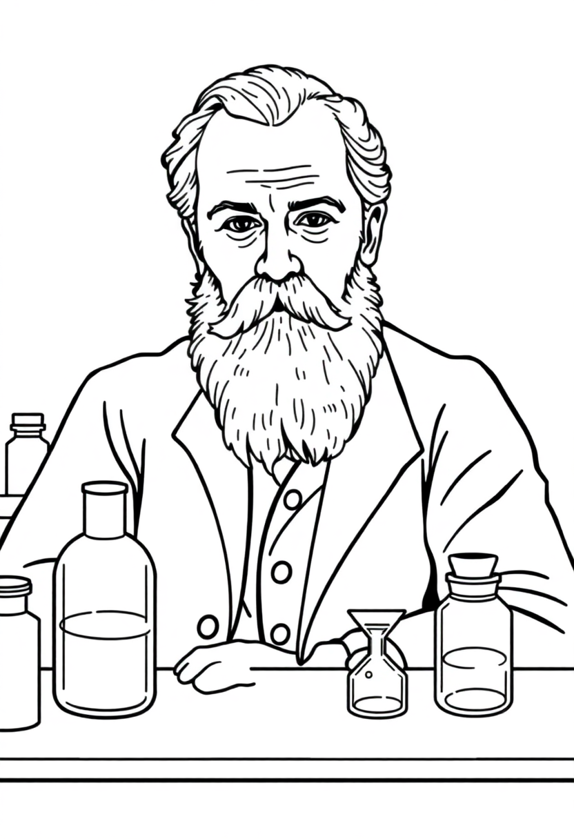 Louis Pasteur coloring page showing the scientist in his laboratory with microscopes and scientific equipment