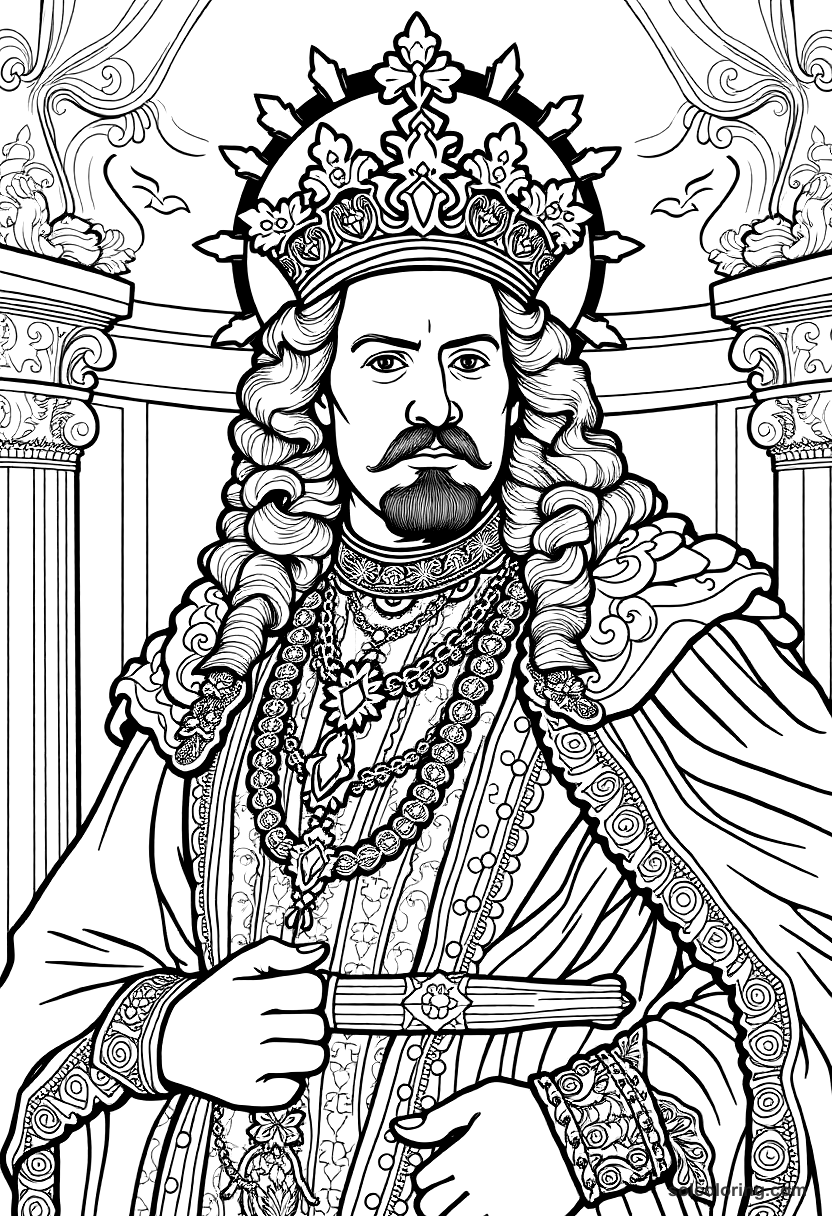 Louis XIV the Sun King at Versailles coloring page, free printable detailed style