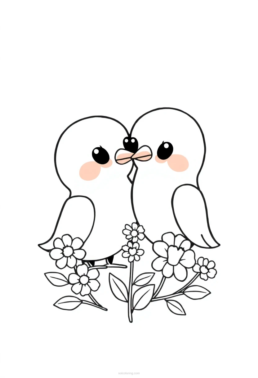 Love Birds and Flowers coloring page for kids