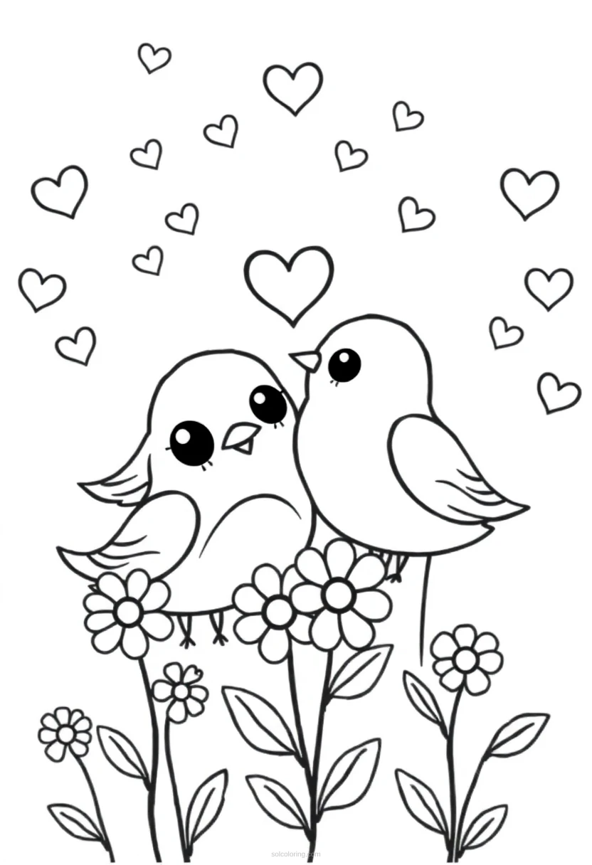 Love Birds and Flowers coloring page for kids