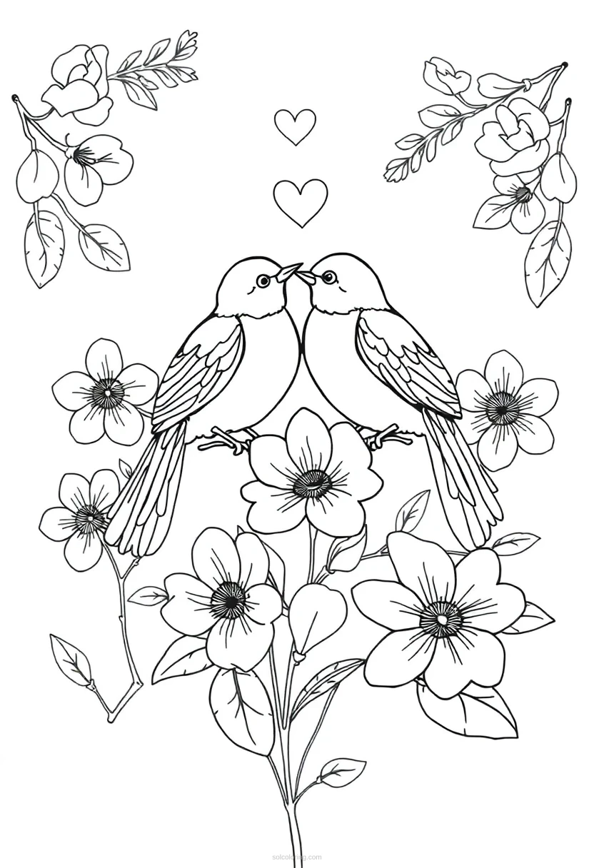 Love Birds and Flowers coloring page for kids