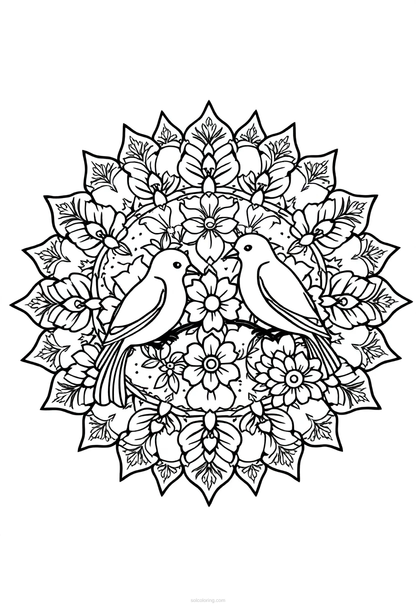 Love Birds and Flowers coloring page for kids