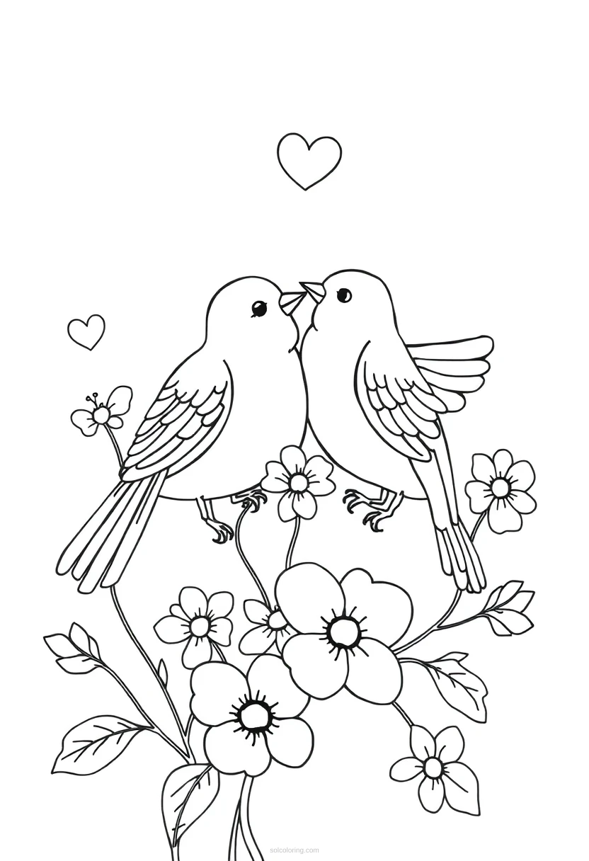 Love Birds and Flowers coloring page for kids