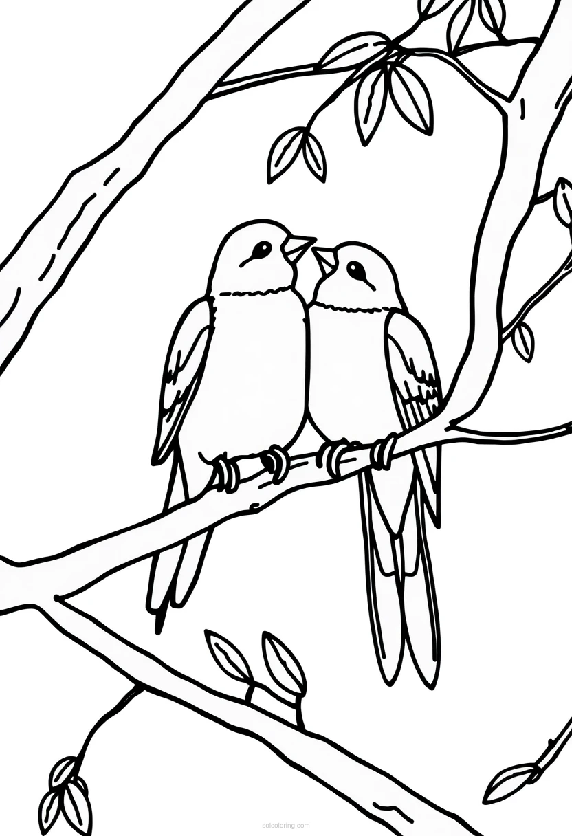 Lovebirds on Tree Branch coloring page for kids