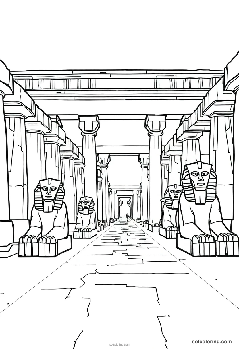 Luxor Temple Avenue of Sphinxes detailed coloring page for kids