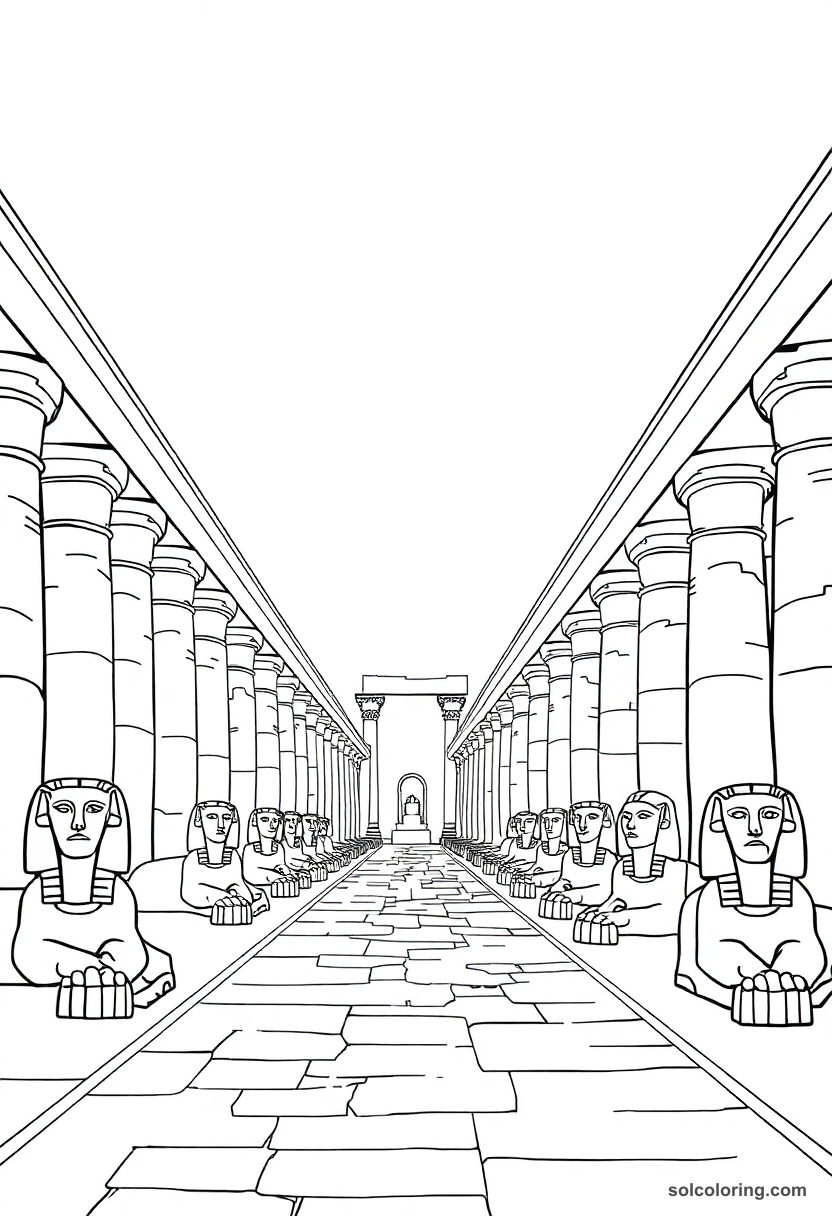 Luxor Temple Avenue of Sphinxes coloring page showing detailed sphinx statues lining ancient Egyptian temple pathway