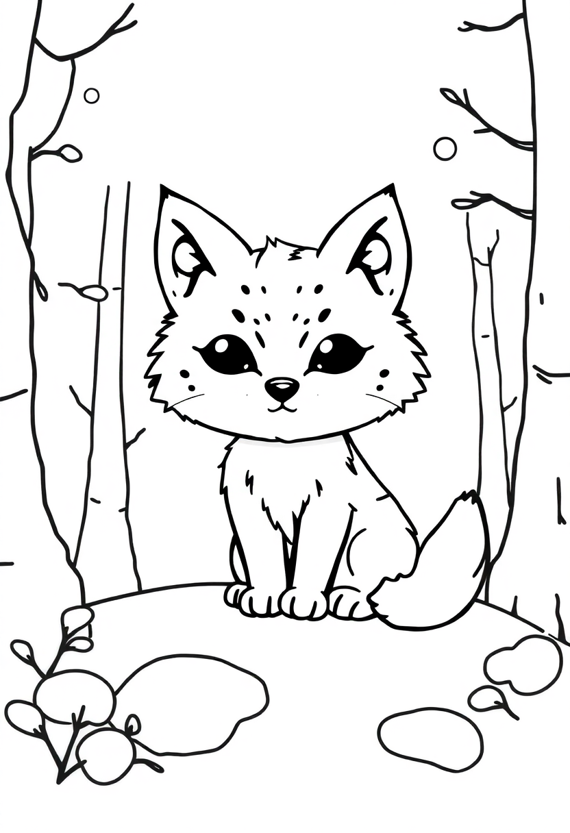 Lynx in Winter Forest coloring page, free printable