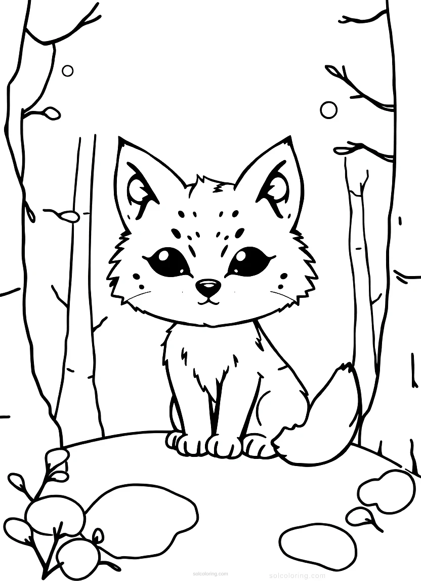 Lynx in Winter Forest coloring page for kids