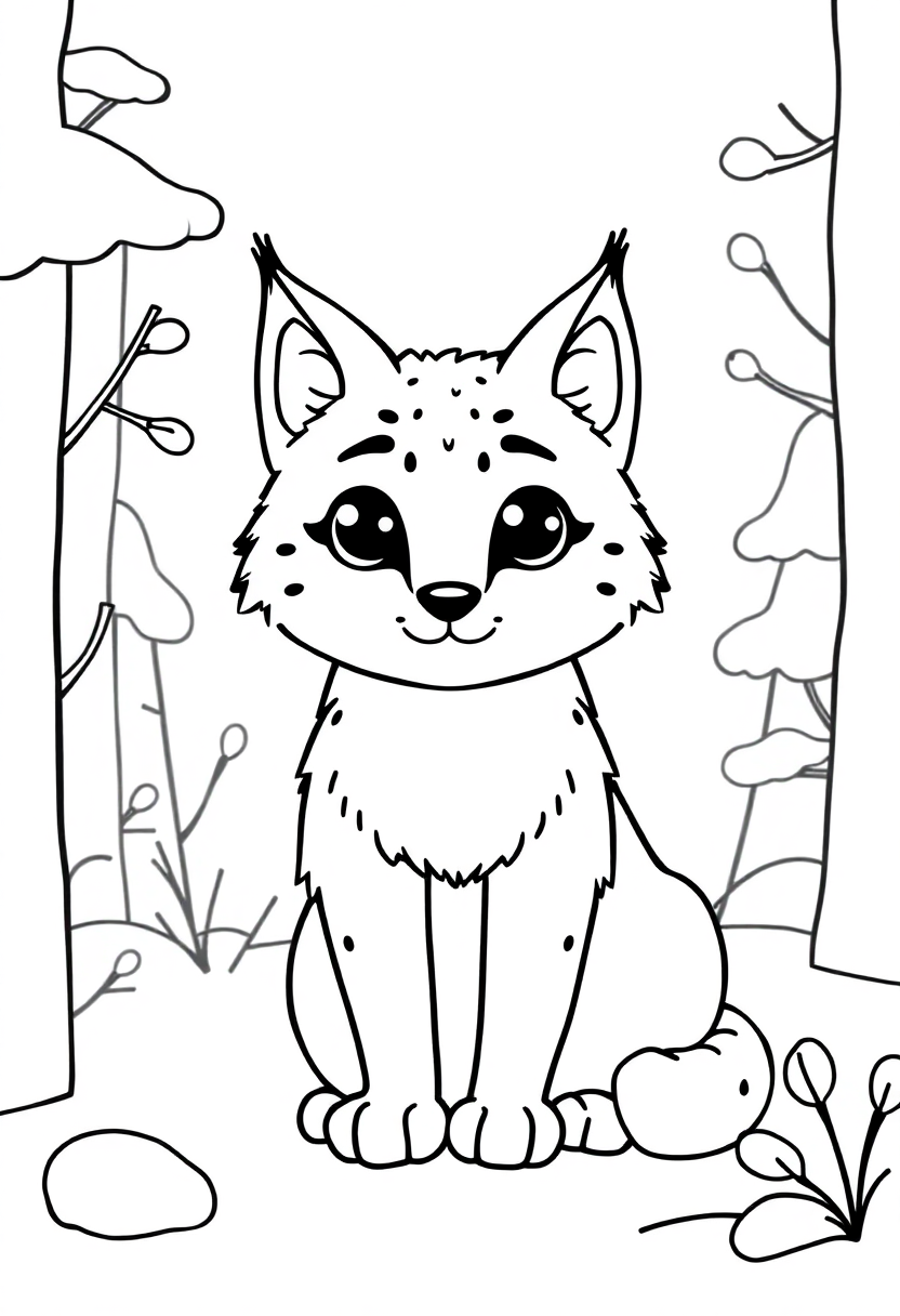 Lynx in Winter Forest coloring page, free printable