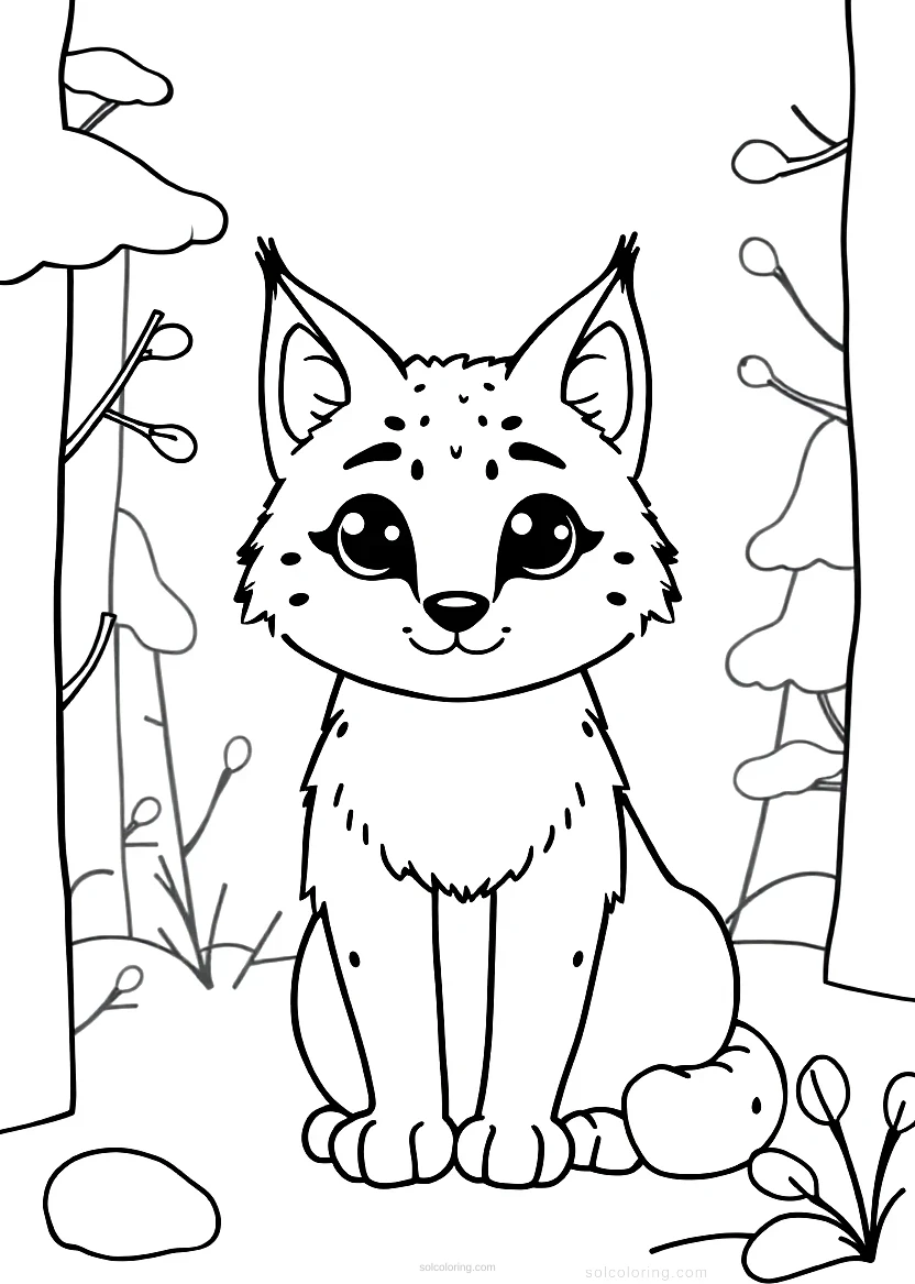 Lynx in Winter Forest coloring page for kids