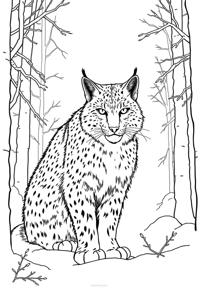 Lynx in Winter Forest coloring page for kids