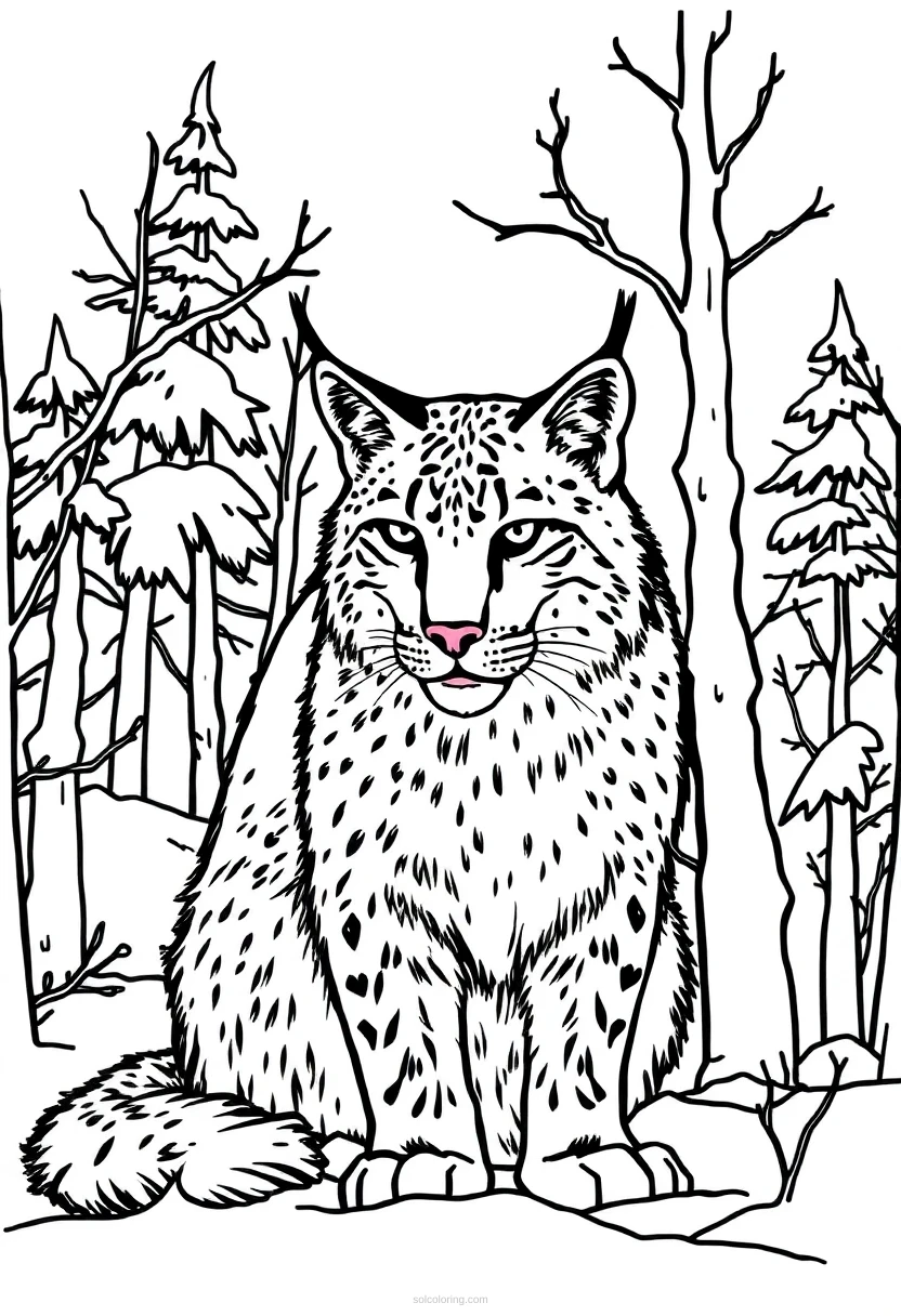 Lynx in Winter Forest coloring page for kids