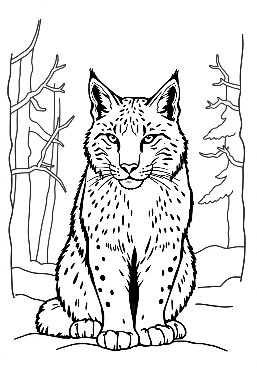 Lynx in Winter Forest coloring page, free printable