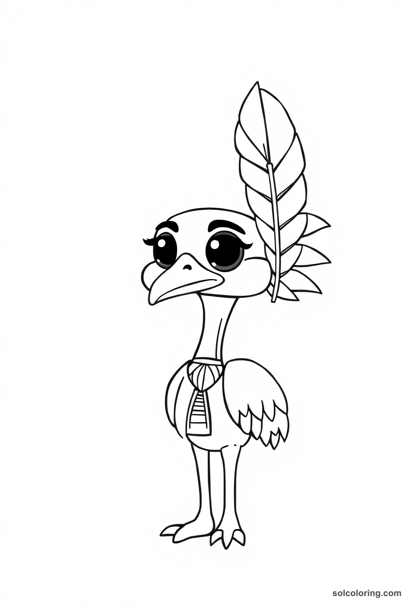 Cute cartoon Ma'at coloring page showing Egyptian goddess with ostrich feather, crown, and traditional dress in bold outlines