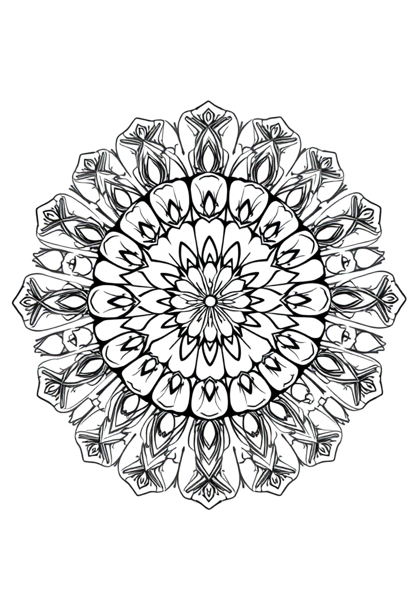 Macarons mandala coloring page featuring French cookies arranged in decorative circular pattern with bold black outlines