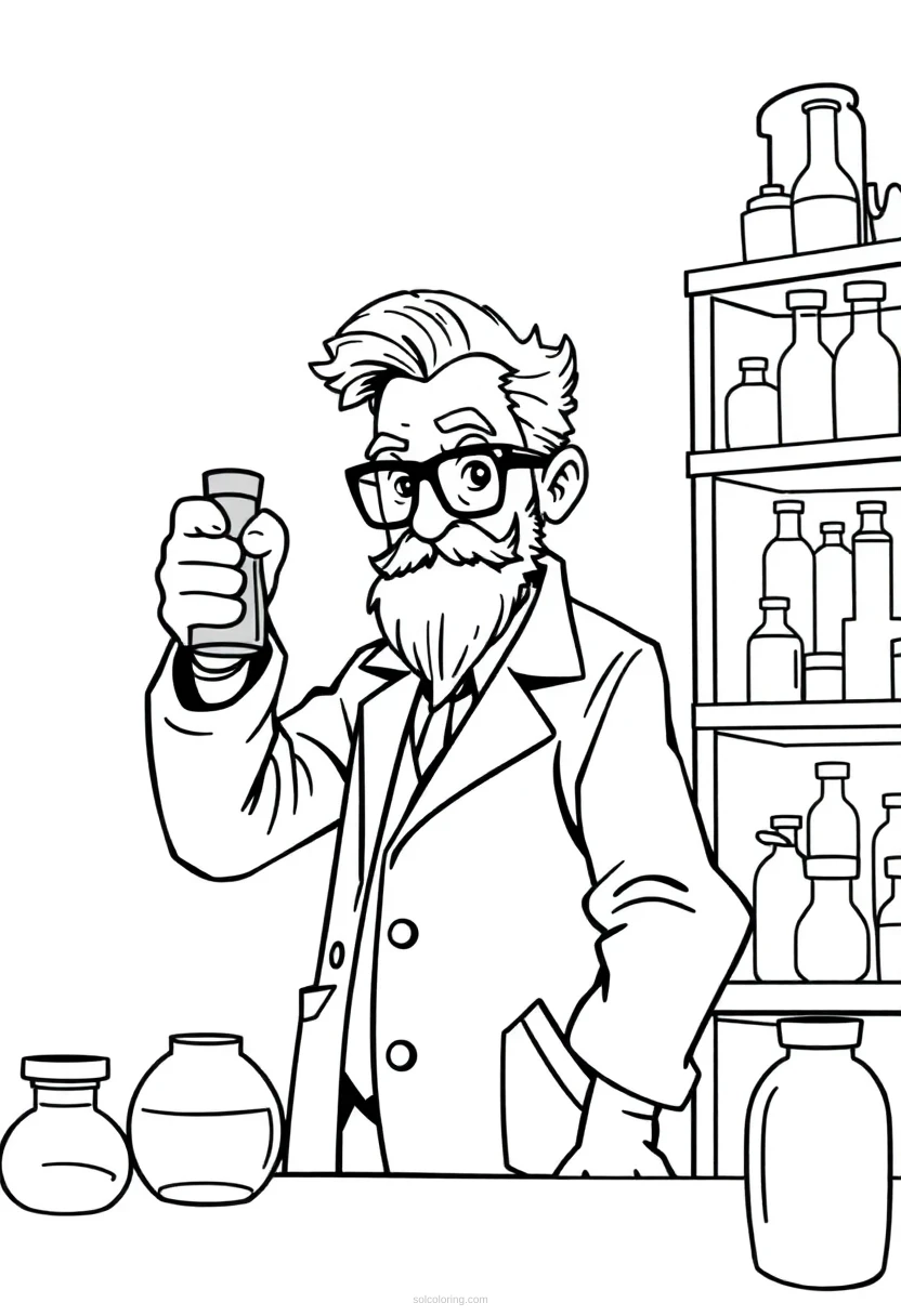 Mad Scientist in Laboratory coloring page for kids
