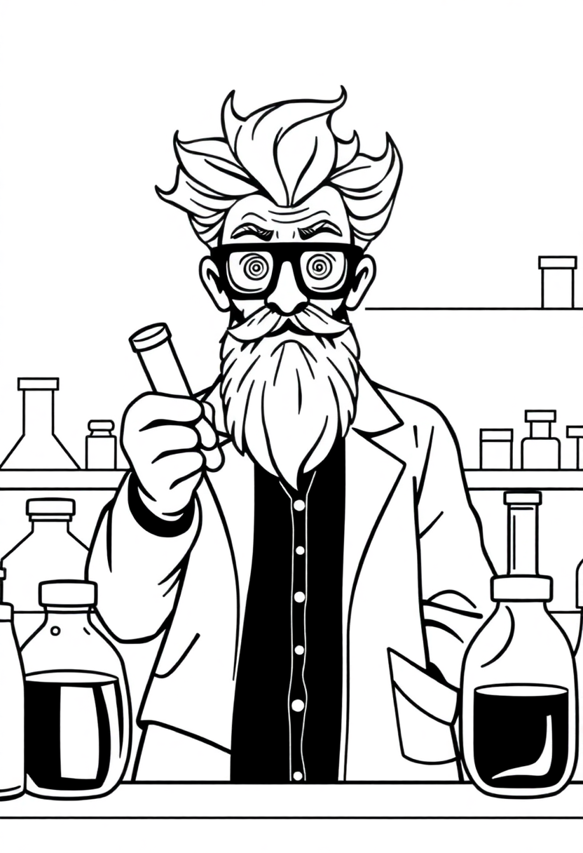 Mad Scientist in Laboratory coloring page, free printable