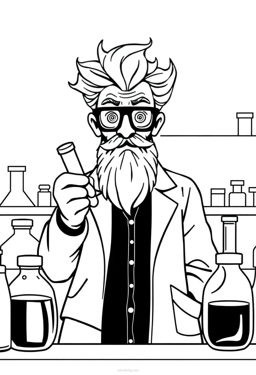 Mad Scientist in Laboratory coloring page for kids
