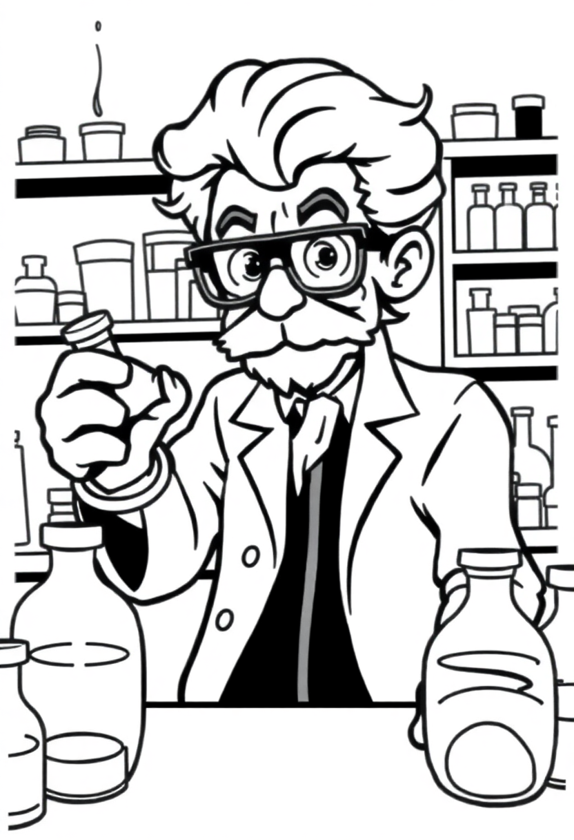 Mad Scientist in Laboratory coloring page, free printable