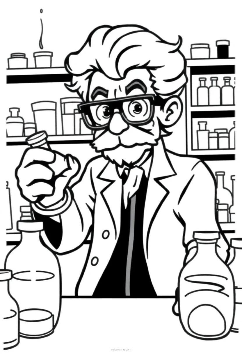 Mad Scientist in Laboratory coloring page for kids