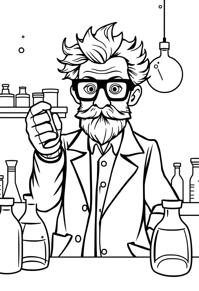 Mad Scientist in Laboratory coloring page, free printable