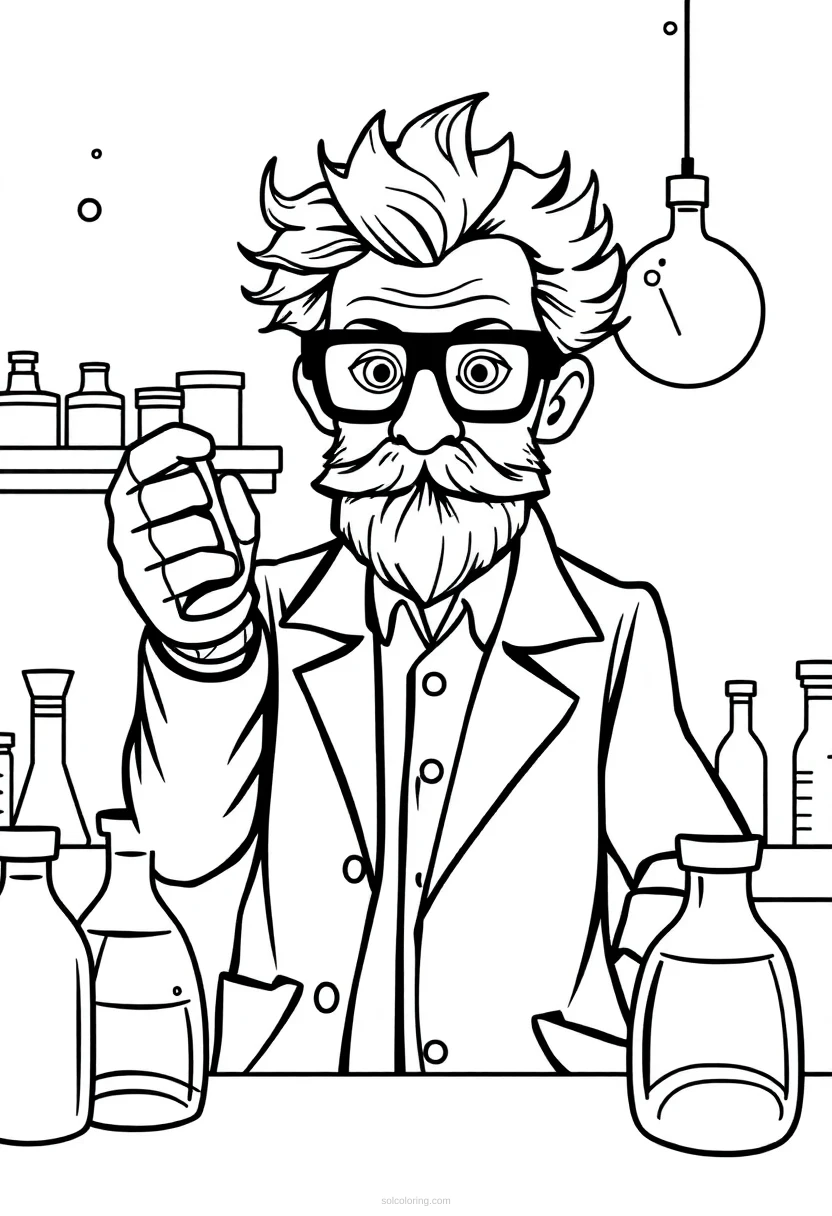 Mad Scientist in Laboratory coloring page for kids