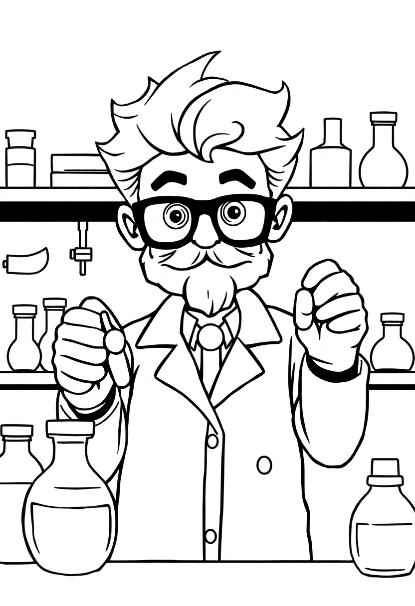 Mad Scientist in Laboratory coloring page, free printable