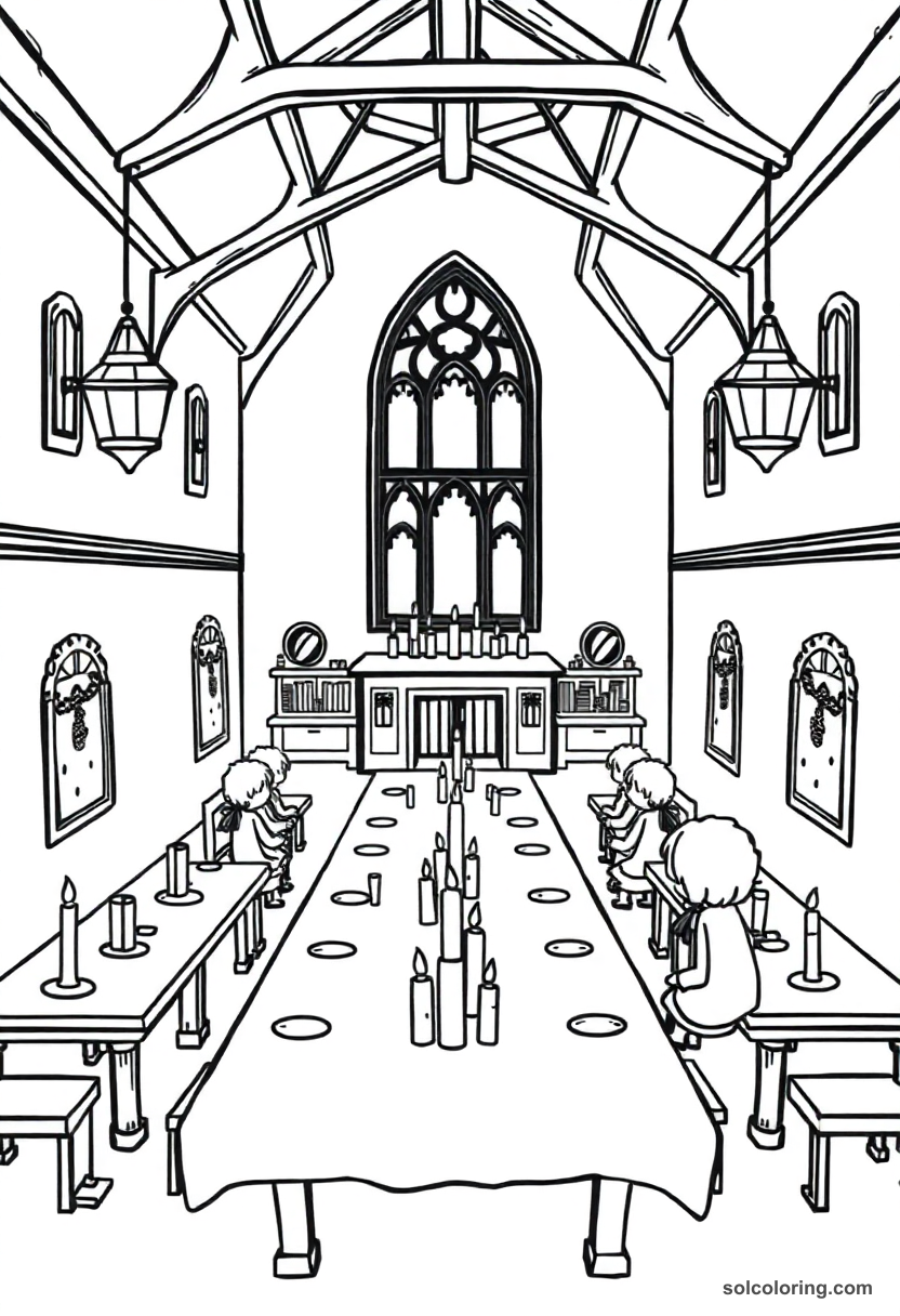 Chibi Magic Boarding School Dining Hall with Floating Candles and Long House Tables