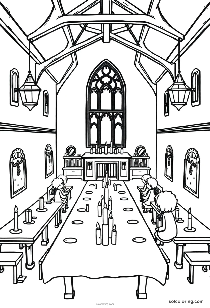 Chibi Magic Boarding School Dining Hall with Floating Candles and Long House Tables chibi coloring page for kids