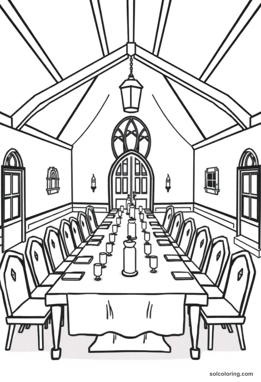Cute Cartoon Magic Boarding School Dining Hall with Floating Candles and Long House Tables