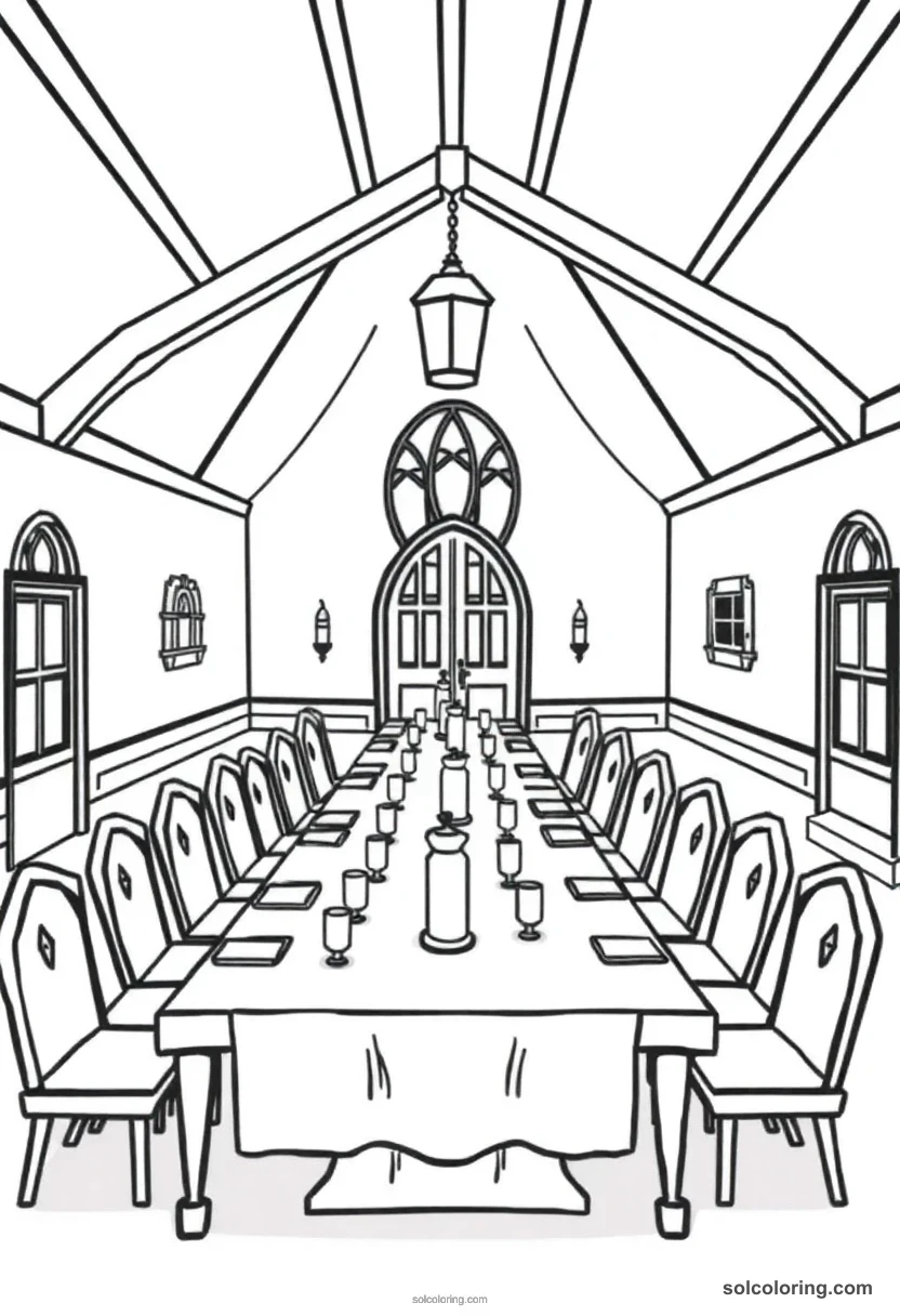 Cute Cartoon Magic Boarding School Dining Hall with Floating Candles and Long House Tables cute cartoon coloring page for kids