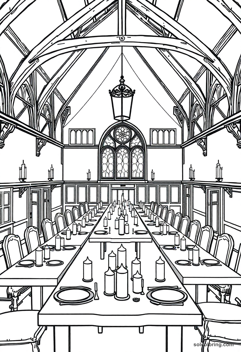 Magic Boarding School Dining Hall with Floating Candles and Long House Tables