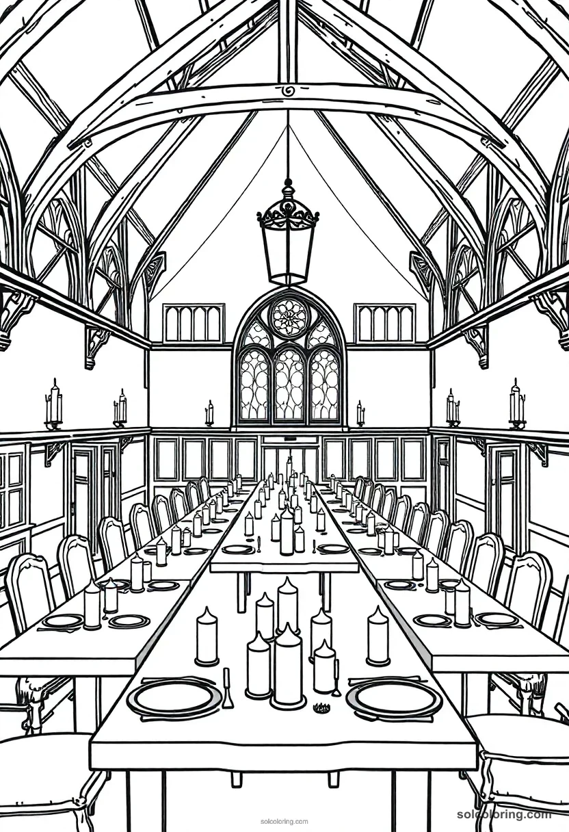 Magic Boarding School Dining Hall with Floating Candles and Long House Tables detailed coloring page for kids