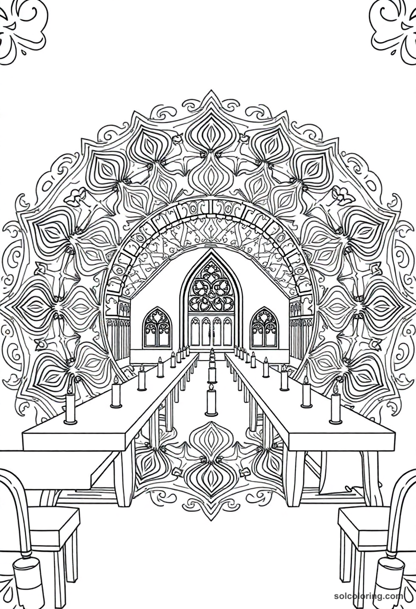Mandala Magic Boarding School Dining Hall with Floating Candles and Long House Tables