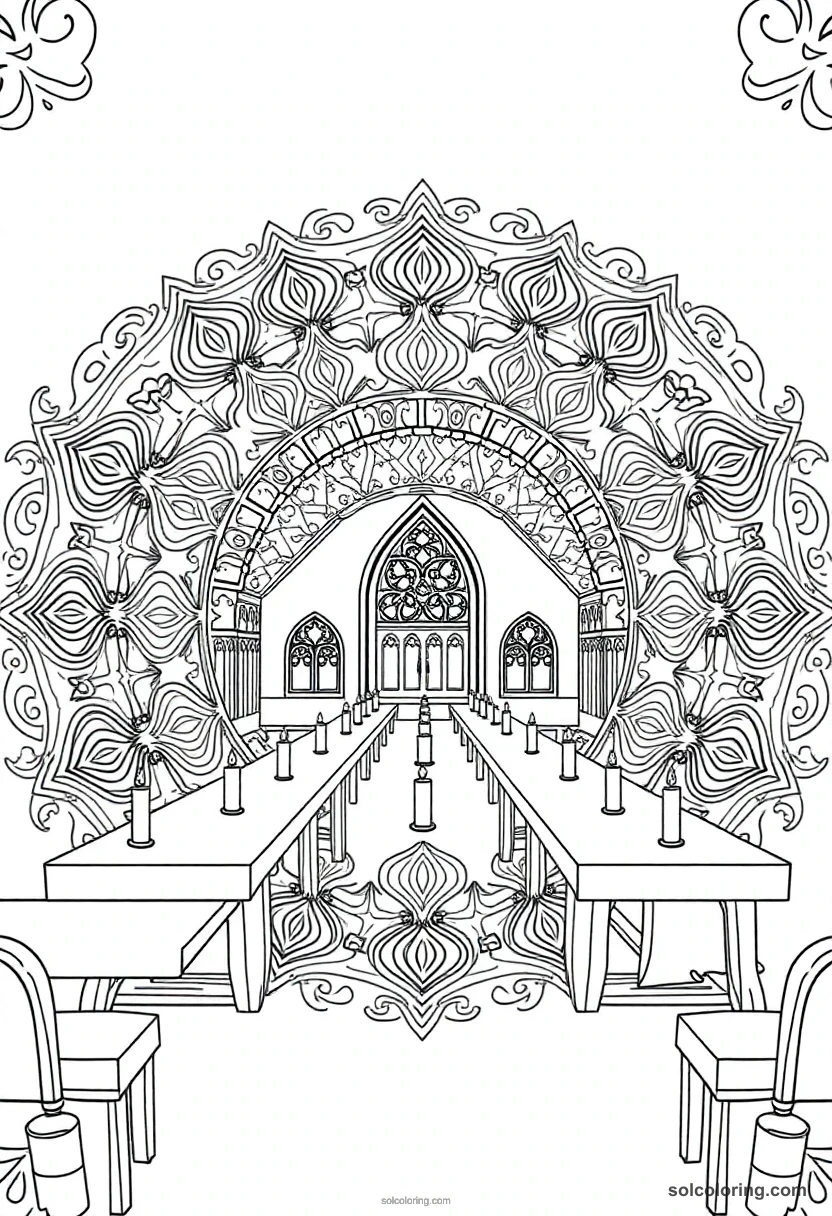 Mandala Magic Boarding School Dining Hall with Floating Candles and Long House Tables mandala coloring page for kids