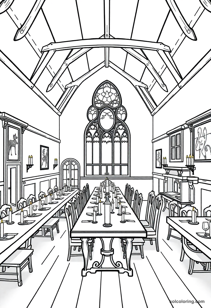 Magic Boarding School Dining Hall with Floating Candles and Long House Tables