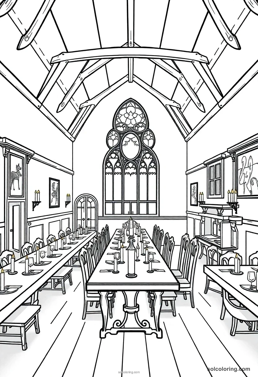 Magic Boarding School Dining Hall With Floating Candles And Long House Tables coloring pages