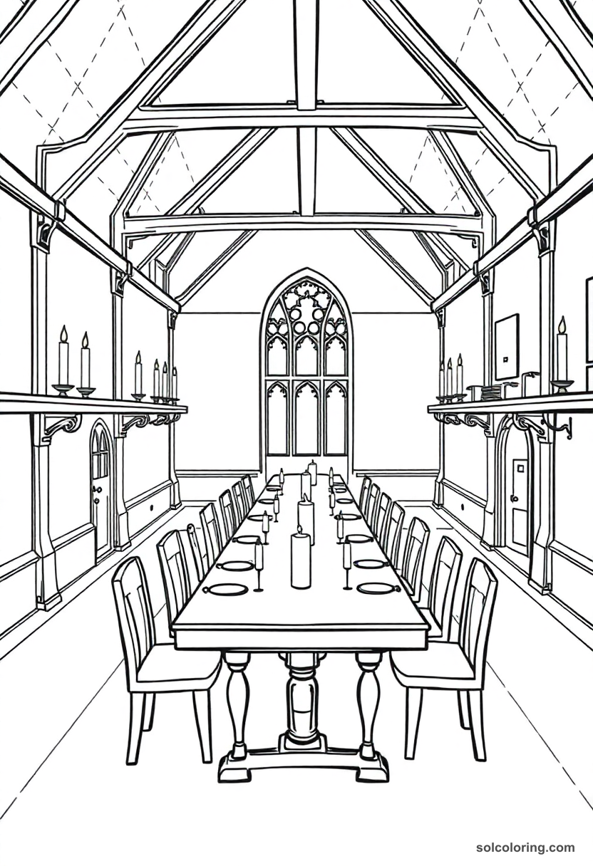 Simple Magic Boarding School Dining Hall with Floating Candles and Long House Tables