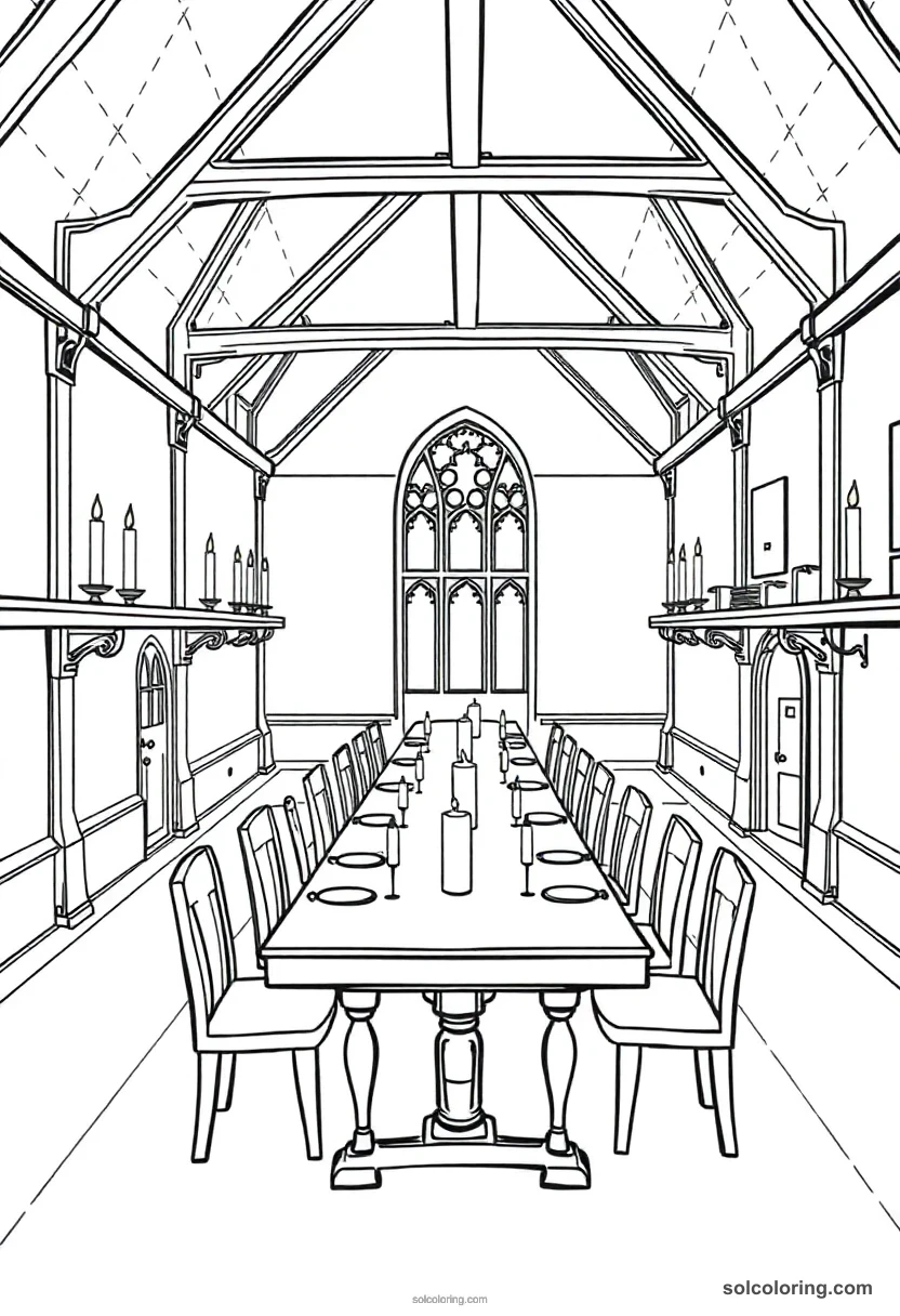 Simple Magic Boarding School Dining Hall with Floating Candles and Long House Tables simple coloring page for kids