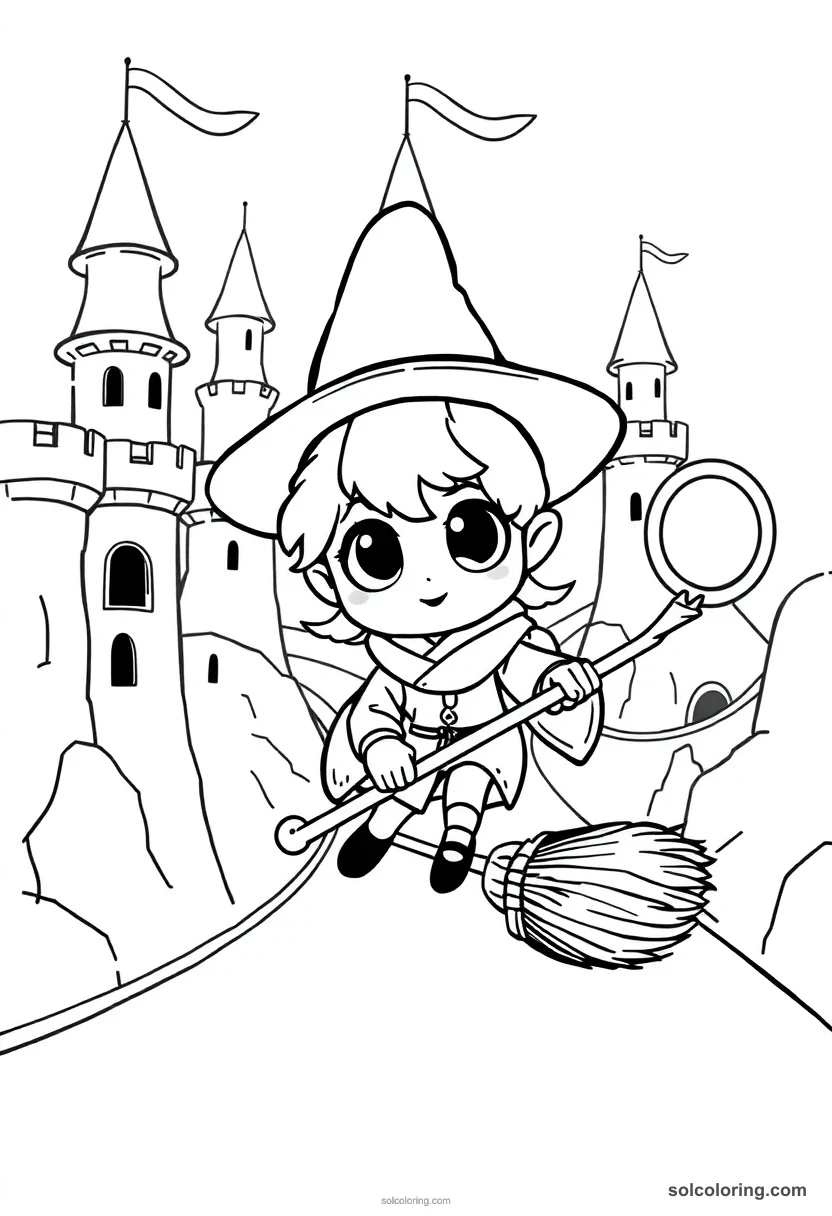 Chibi Magic Broom Racing Course Through Castle Towers and Hoops chibi coloring page for kids