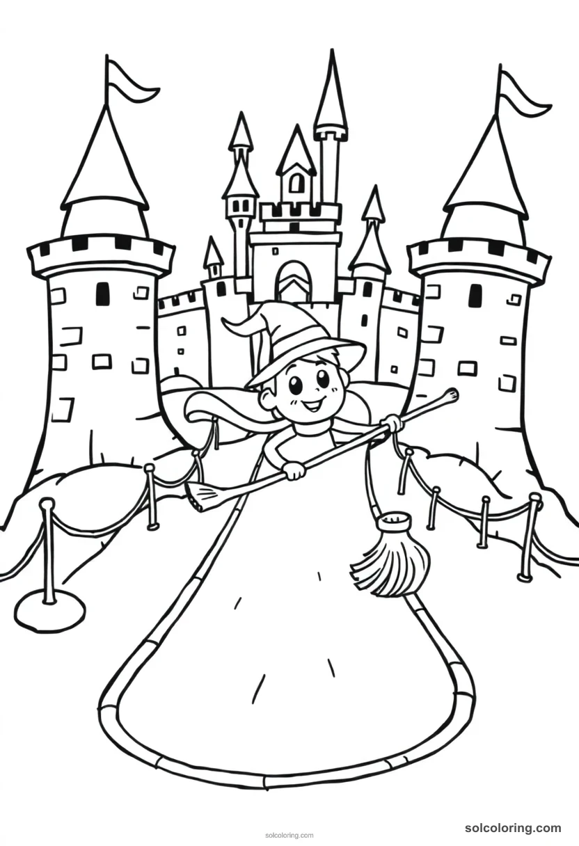 Cute Cartoon Magic Broom Racing Course Through Castle Towers and Hoops cute cartoon coloring page for kids