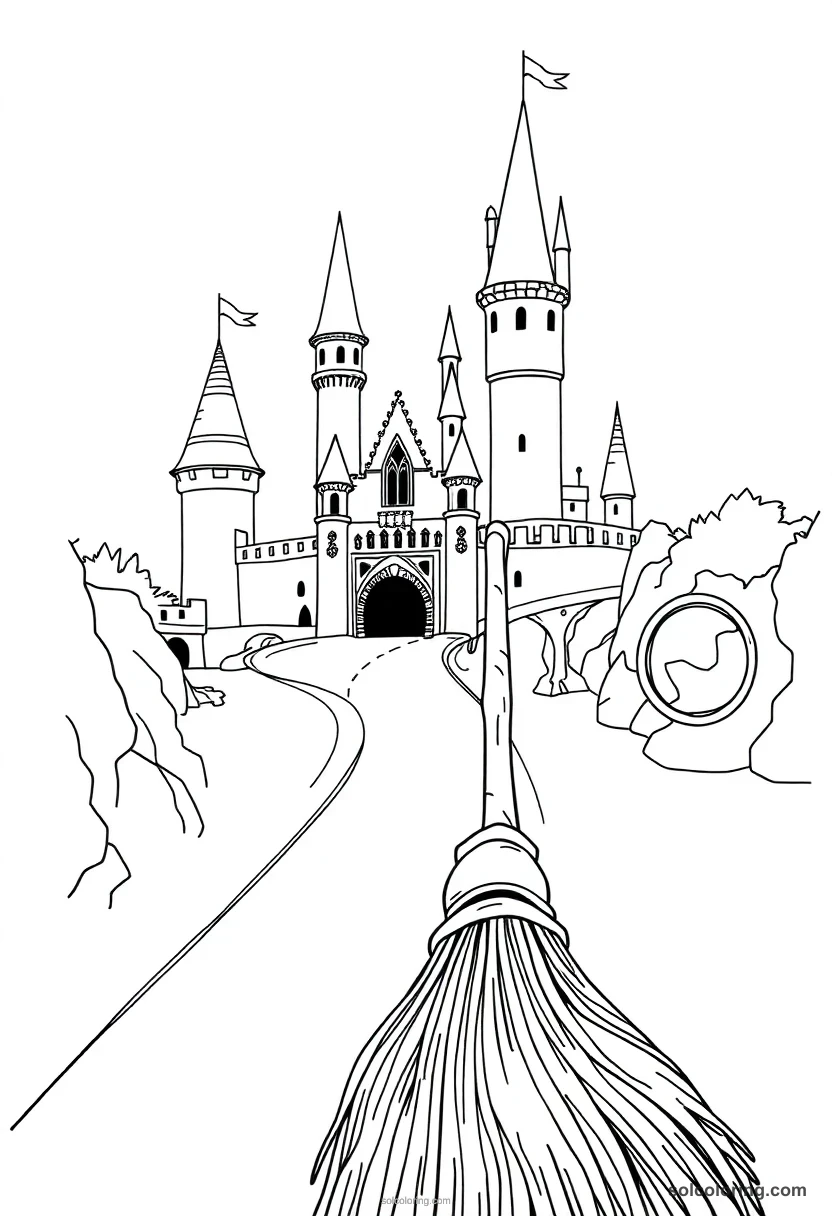 Magic Broom Racing Course Through Castle Towers and Hoops detailed coloring page for kids