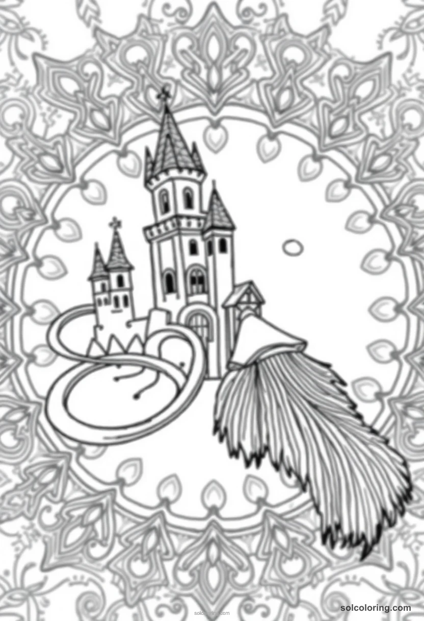 Mandala Magic Broom Racing Course Through Castle Towers and Hoops mandala coloring page for kids