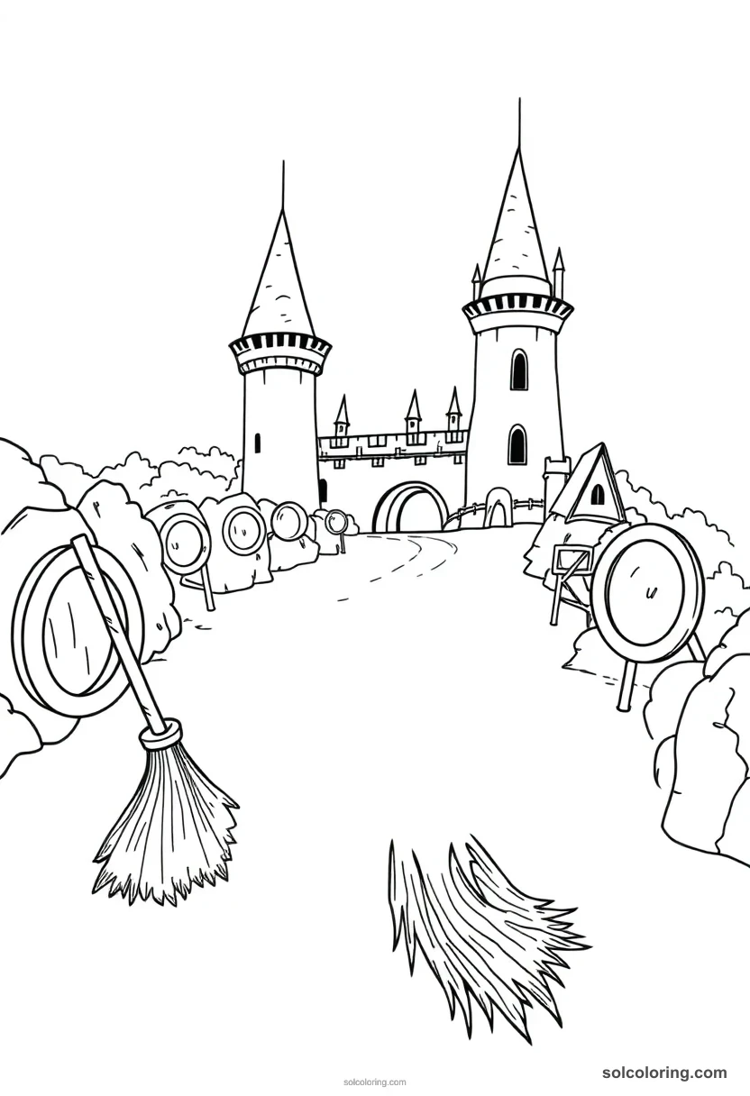 Magic Broom Racing Course Through Castle Towers And Hoops coloring pages