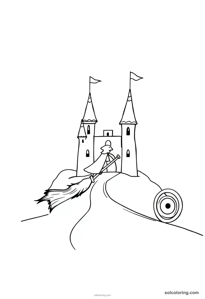 Simple Magic Broom Racing Course Through Castle Towers and Hoops simple coloring page for kids