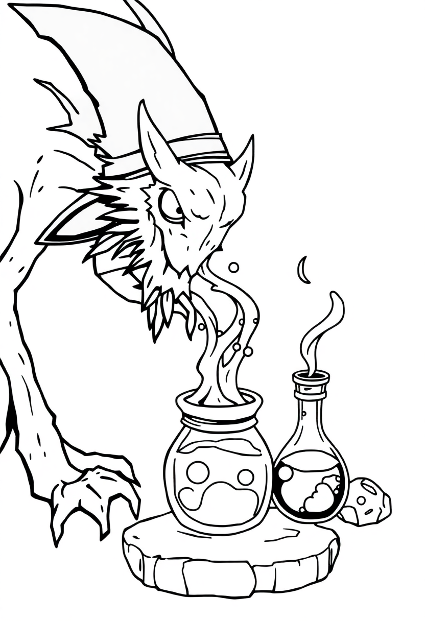 Magic potions coloring page with bottles, cauldrons and magical ingredients in simple black outlines for kids to color