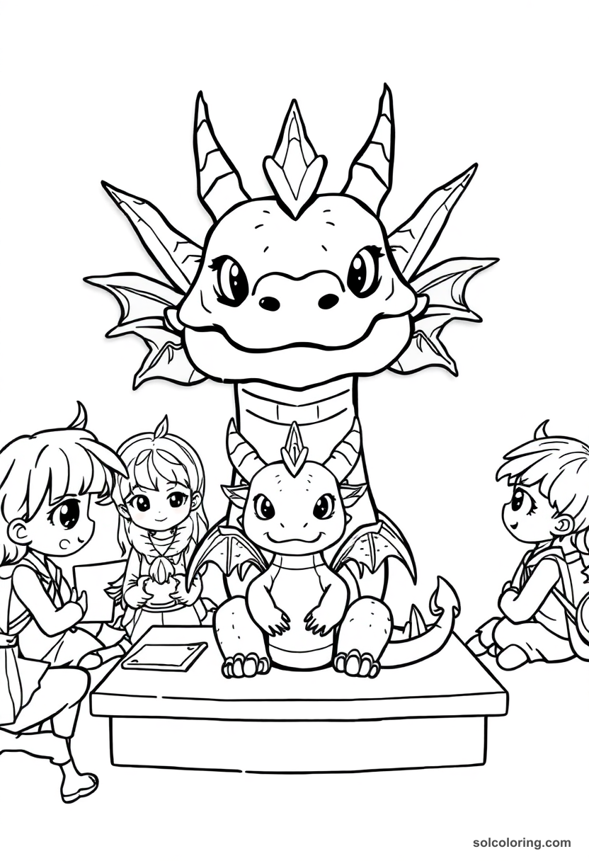 Chibi Magical Creature Care Class with Students and a Baby Dragon