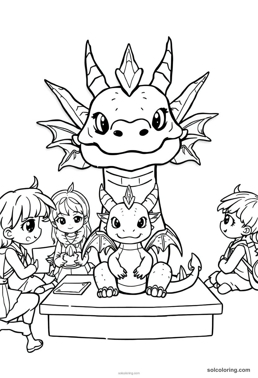 Chibi Magical Creature Care Class with Students and a Baby Dragon chibi coloring page for kids